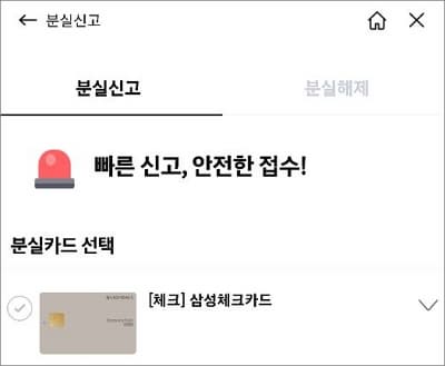 분실신고 카드 선택