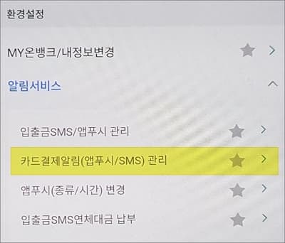 카드 결제 알림 관리 메뉴 터치