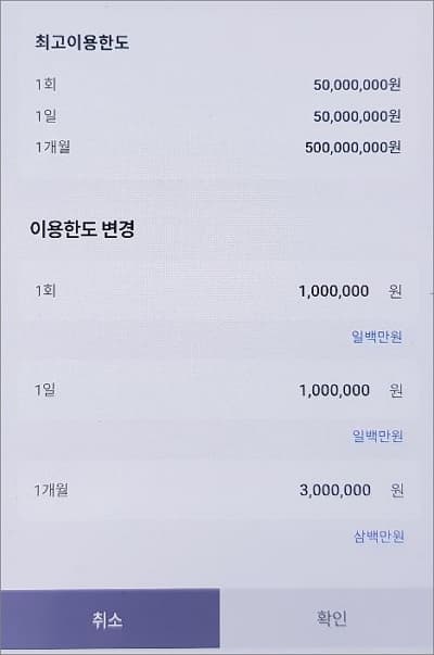 변경할 한도 금액 입력