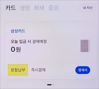 화면 하단에 마이 메뉴에 들어가서 분할납부 메뉴 터치