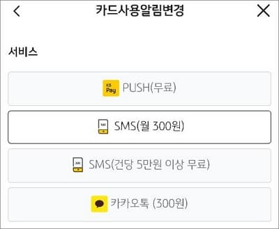 카드 사용 알림 서비스 선택