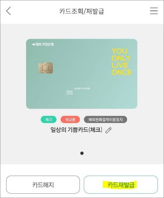 카드 재발급 버턴 터치 후 안내에 따라 진행