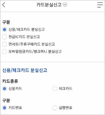 분실신고할 카드 정보 입력