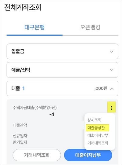 대구은행에서 대출항목 선택