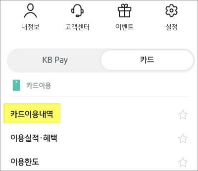 카드 이용내역 메뉴 터치