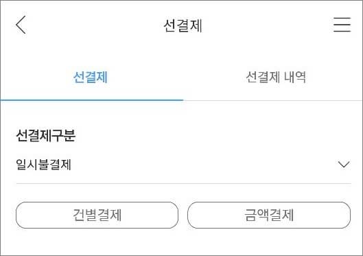 선결제 구분 선택 후 결제 방식 선택하기