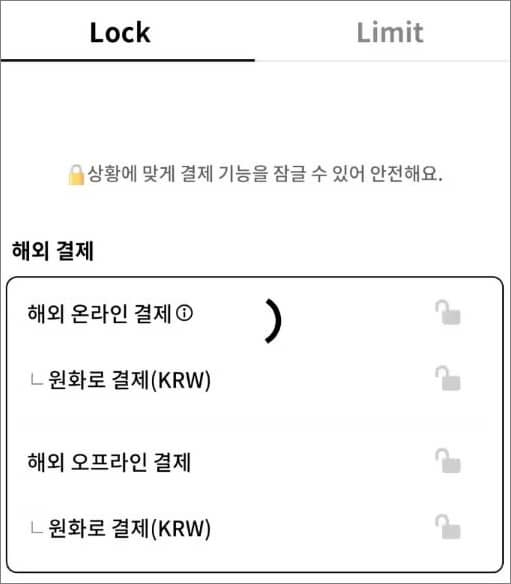 해외 결제 및 국내 결제 잠금 해제 선택